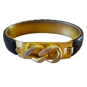 Vintage Italian Gold Plate with Black Snakeskin Bangle Bracelet