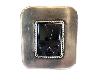 Vintage Mexican Sterling Silver & Carved Black Onyx Mask Brooch Pin