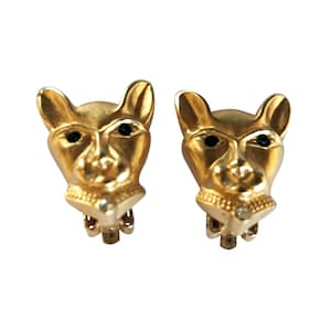 Vintage Jackie Collins Gold Tone & Rhinestone Figural Panther Cat Head Earring Clips