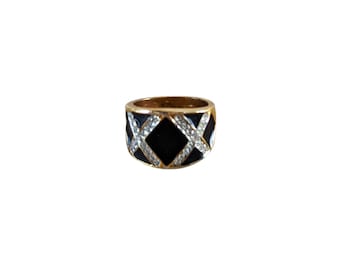 Vintage Gold Tone Rhinestone & Black Enamel Band Ring size 5 1/4