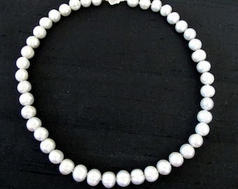 Palest Gray 10 mm Potato Pearl Choker Necklace with Sterling Silver Flower Clasp