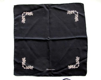 Vintage Turnbull & Asser Silk Pocket Square Scarf - Black with Beige Flourishes  17"