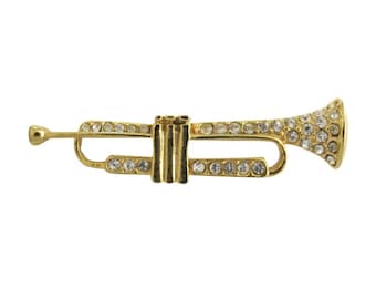 Vintage Gold Tone & Rhinestone Figural Trumpet Horn Brooch Pin