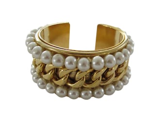 Vintage Edouard Rambaud Chunky Gold Tone & Pearl Cuff Bracelet