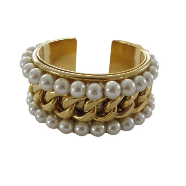 Vintage Edouard Rambaud Chunky Gold Tone & Pearl Cuff Bracelet