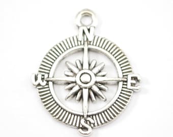 10 Silver Compass Charm - 30mm x 25mm - Travelling - Bulk - Wholesale - Bracelet Charms- Travel - Jewelry Supplies b64