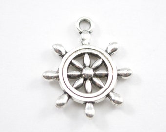 10 Silver Ship Steering Wheel Charm, 22mm x 20mm,  B35 B37