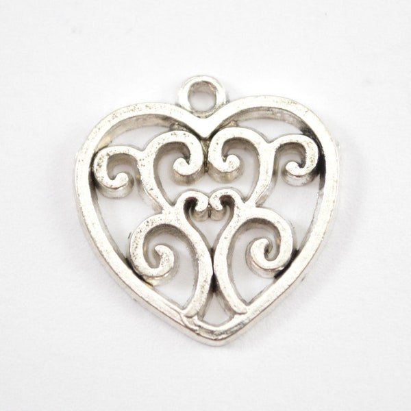 Silver Heart Charms, 10pcs,  Hollow Outline 21mm x 20mm, d181