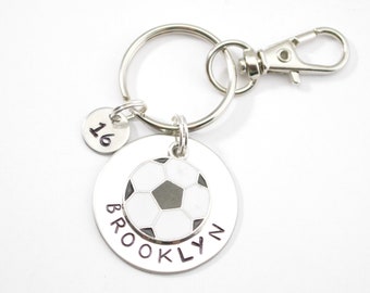 Personalized soccer keychain, soccer gift, team gift, girl's boy's soccer ball, hand stamped, name key chain, custom stamped, personalized