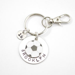 Personalized soccer keychain, soccer gift, team gift, girl's boy's soccer ball, hand stamped, name key chain, custom stamped, personalized