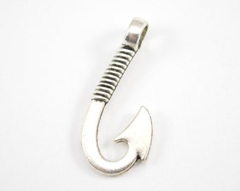 10 Silver Fish Hook Charms, 30mm x 14mm Antique Silver Bracelet Charm, Necklace Charm, Charm in Bulk  b37