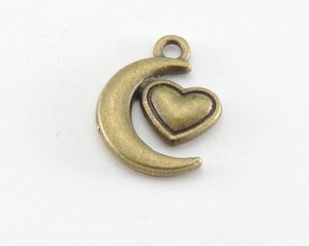 Bronze Moon with Heart Charms, 10pcs, 14mm x 18mm, Antique Bronze Bracelet Charm - Necklace Charm in Bulk B81