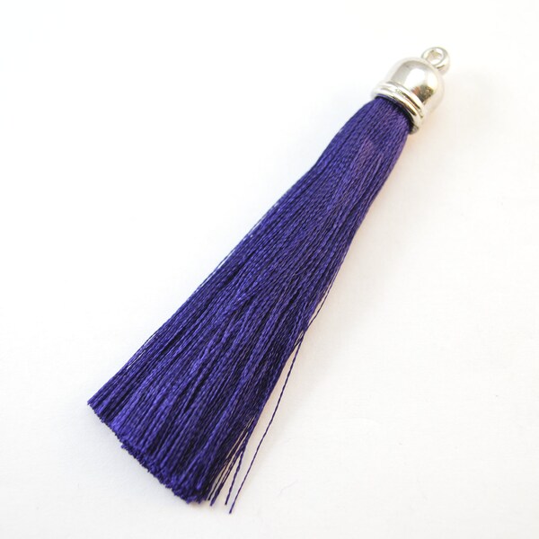 6pcs - Dark Blue Imitation Silk Tassel with Silver Top - 65mm - Keychain - Purse Strap - Pendant - Earring - Bulk - Wholesale - B63