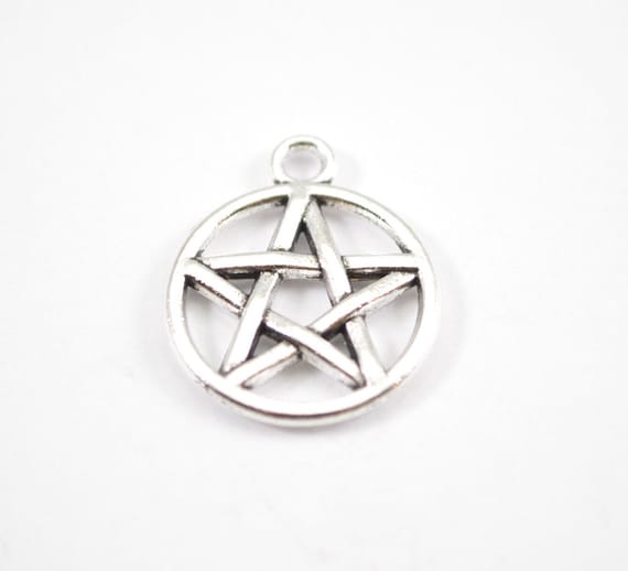 30Pcs Antique Silver Round Pentagram Pentacle Star Charms Pendants Jewelry Beads