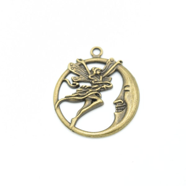1 Bronze Moon and Fairy Charms Round - Antique Bronze - 31mm x 27mm - Bracelet Charm Necklace Charm in Bulk - B47