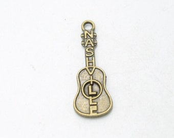 10 Bronze Nashville Guitar Charm 29mm x 10mm - Antique Bronze Charm, Bracelet Charm, Necklace Charm, Charm in Bulk e7