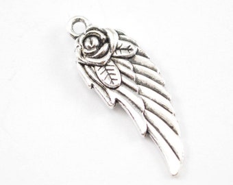 10 Angel Wing Charms with Detailed Rose, 31mm x 11mm, SHIPS FROM USA, Antique Silver Charm for Bracelet, Charm for Necklace, b7