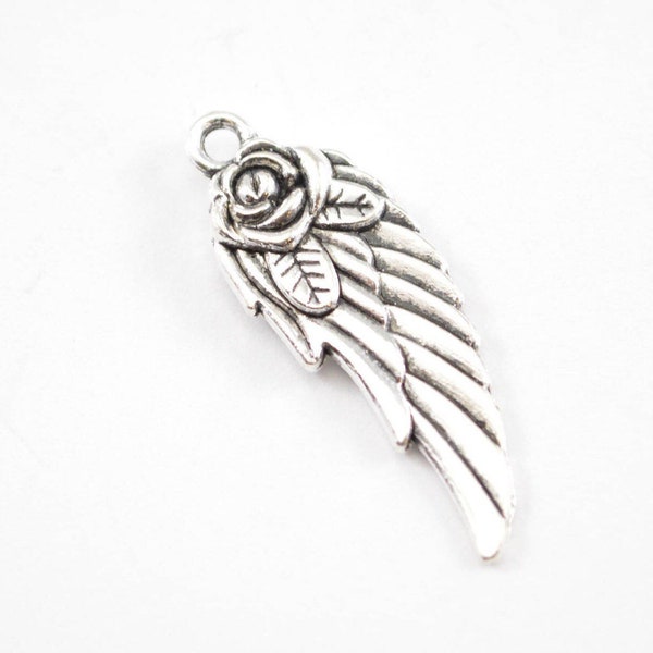 10 Angel Wing Charms with Detailed Rose, 31mm x 11mm, SHIPS FROM USA, Antique Silver Charm for Bracelet, Charm for Necklace, b7