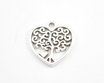 Silver Heart Charms with Tree, 10pc - 18mm x 19mm, Bracelet Charm Necklace Charm Heart Tree D73