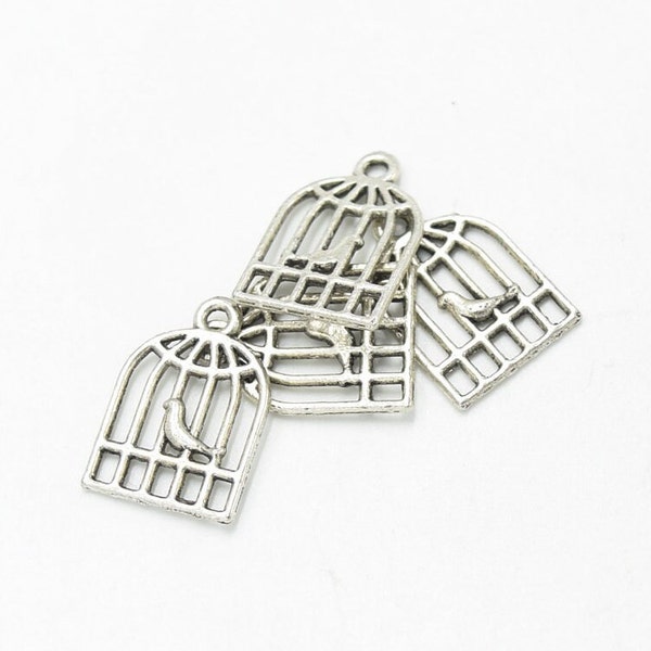 6 Silver Bird Cage Charms, 16mm x 12mm, Silver Charm Antique Silver Bracelet Charm Necklace Charm in bulk charm bulk pendant  B21