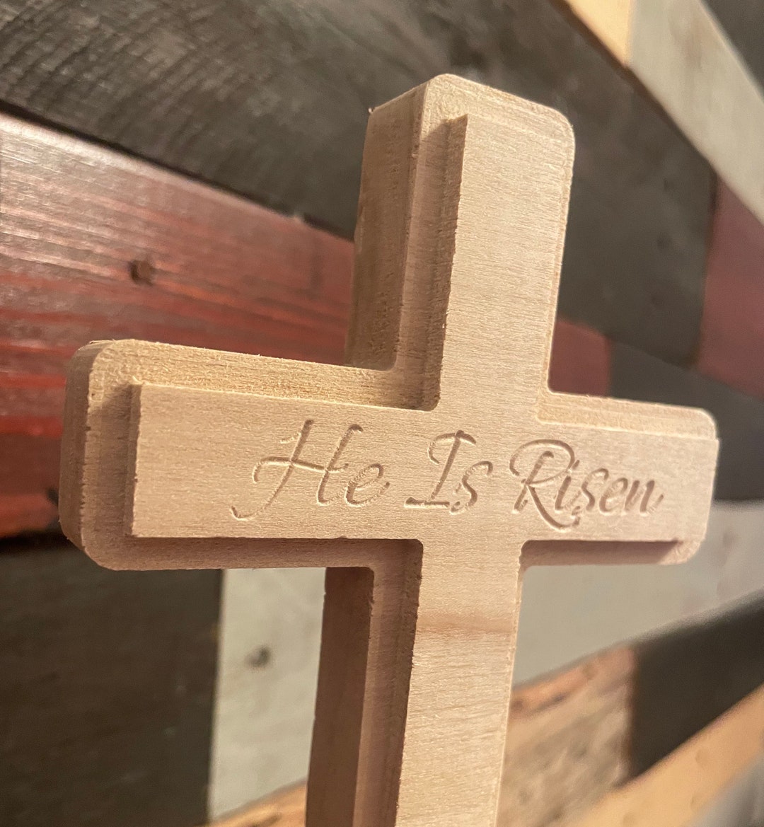He is Risen Carved Wood Cross, Small Wood Cross, Easter Decor, Etched