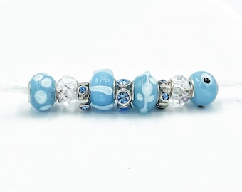 Set of 9 Light Blue White Big Hole Glass Beads for European Bracelet, Glass Metal Lined Beads C