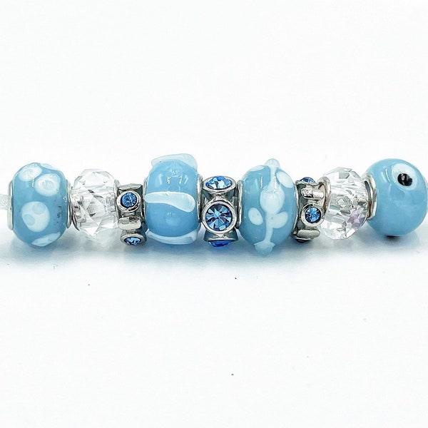 Set of 9 Light Blue White Big Hole Glass Beads for European Bracelet, Glass Metal Lined Beads C