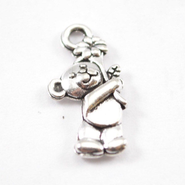 10 Silver Teddy Bear With Flower Charms - 10mm x 19mm Antique Silver Bracelet Charms Necklace Charm in Bulk Charms Wholesale - Ba38