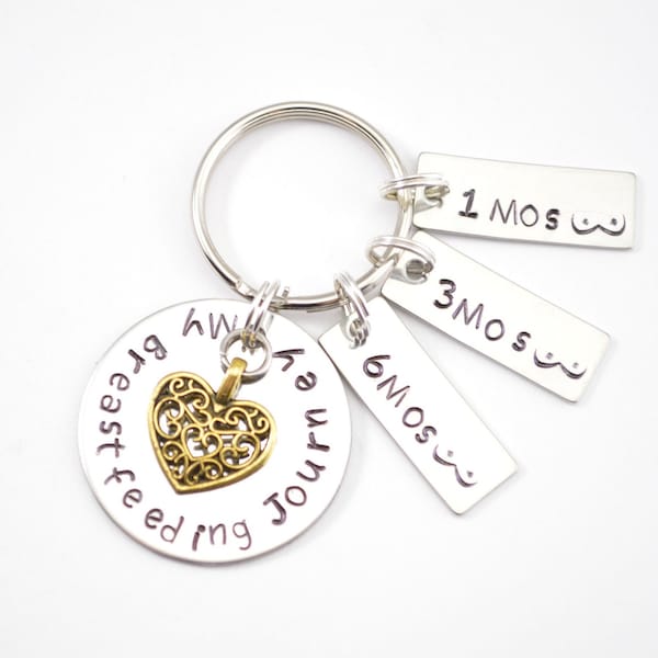 Hand Stamped My Breastfeeding Journey Keychain with Milestone Charms - Keyring - Keepsake - New Baby - New Mom