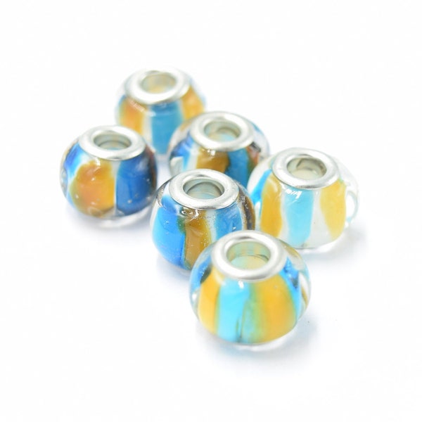 6pcs - Blue Tan and White Glass Big Hole Beads - European Style Beads - Bulk - Wholesale - Bracelet Beads - B47