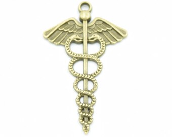 Antique Bronze Caduceus Charms, Medical Symbol - 10 pcs, 50mm x 31mm b54