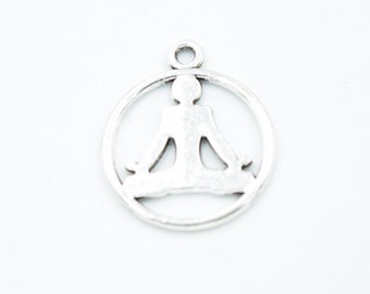 10 Silver Lotus Pose Yoga Charms. - Antique Silver - Diameter - Double Sided - Bulk - Wholesale - Bracelet Charms - B85