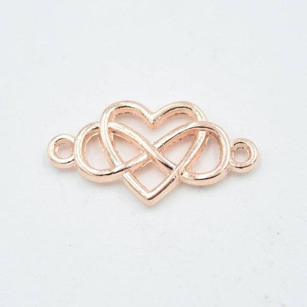 10 Rose Gold Heart Infinity Connector Charms, 24mm x 14mm Bracelet Charm, Necklace Charm, Charm in Bulk  B70