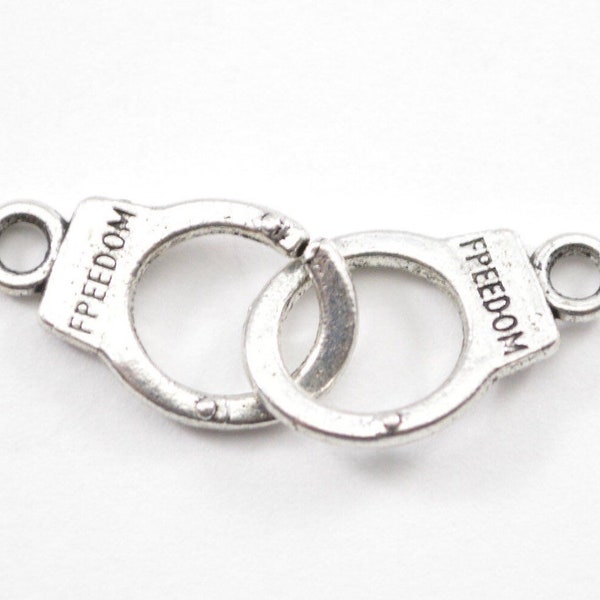 Silver Freedom Stamped Handcuff Charms, 10pcs, 30mm x 10mm, Bracelet Charm Collier Charm en vrac - D31