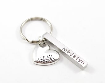 Personalized Field Hockey keychain, field hockey gift, team gift, girl's love field hockey, hand stamped, name key chain, personalized D208