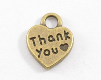 10 Bronze Thank You Charms - 10mm x 13mm - Antique Bronze Charm Bracelet Charm Necklace Charm in bulk charm bulk pendant Heart B48