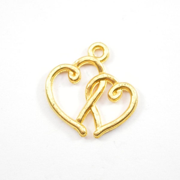 Gold Tone Double Hearts Charms - Interlocking - Love - Pendants - Bulk - Wholesale - DIY - Jewelry - Supplies - B88