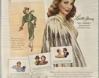 Max Factor Pan-Cake Make-Up Loretta Young in "The Farmers Daughter"Print Ad 1947