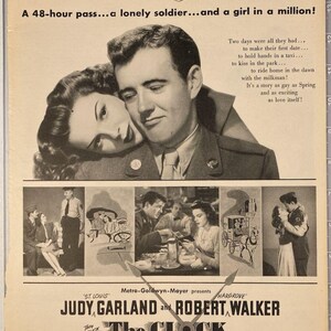 May include: Vintage movie poster for "The Clock" starring Judy Garland and Robert Walker. The poster features a couple embracing, with smaller scenes below. Text includes "A 48-hour pass...a lonely soldier...and a girl in a million!"
