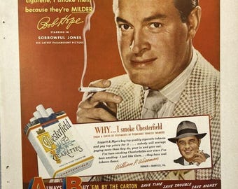 Chesterfield Cigarettes Bob Hope: Is My Cigarette "Sorrowful Jones" Print Ad '49