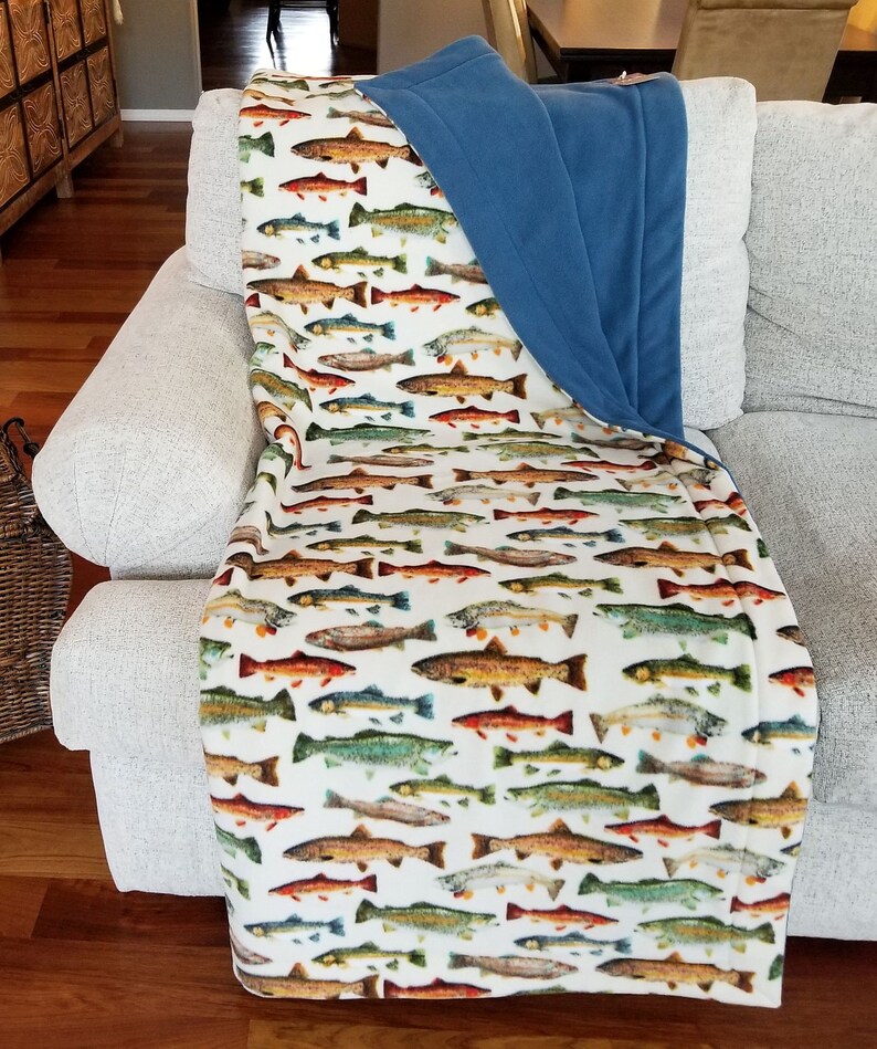 Fisherman/'s Dream...Fish Print Plush Fleece Blanket With Teal Blue Fleece On Reverse Adult OR Teen Blanket