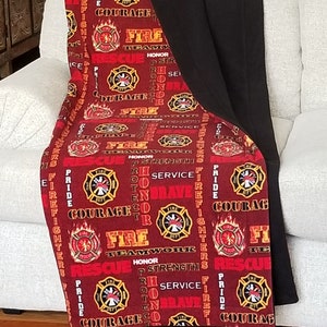 Fire Fighter, Fire Department, First Responder, Fireman Print with Solid Black, sewn edge fleece blanket, fleece throw, free shipping, 52X64