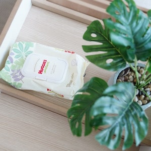 May include: A package of Huggies Simply Clean baby wipes with a green and white tropical leaf design. The wipes are on a wooden shelf with a potted green plant in the background.