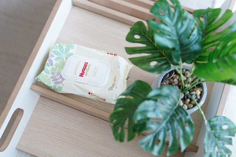 May include: A package of Huggies Simply Clean baby wipes with a green and white tropical leaf design. The wipes are on a wooden shelf with a potted green plant in the background.