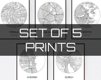 Set of 5 City Maps - Multiprint Discount - Any City in The world