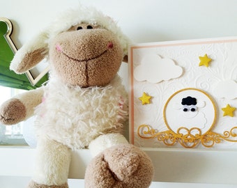 Little Lamb Baby Baptism Invitation, Sheep and Stars Baby Shower Invitation