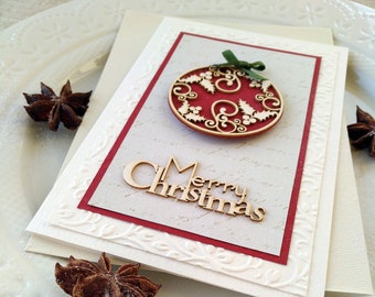 Merry Christmas Greeting Card with Red Holly Berries Ornament