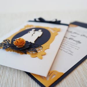 Bleu Royal Wedding Invitation, faire-part de mariage d’hiver, Invitation de mariage de poche, de luxe, or Invite, invitation de mariage blanc givré