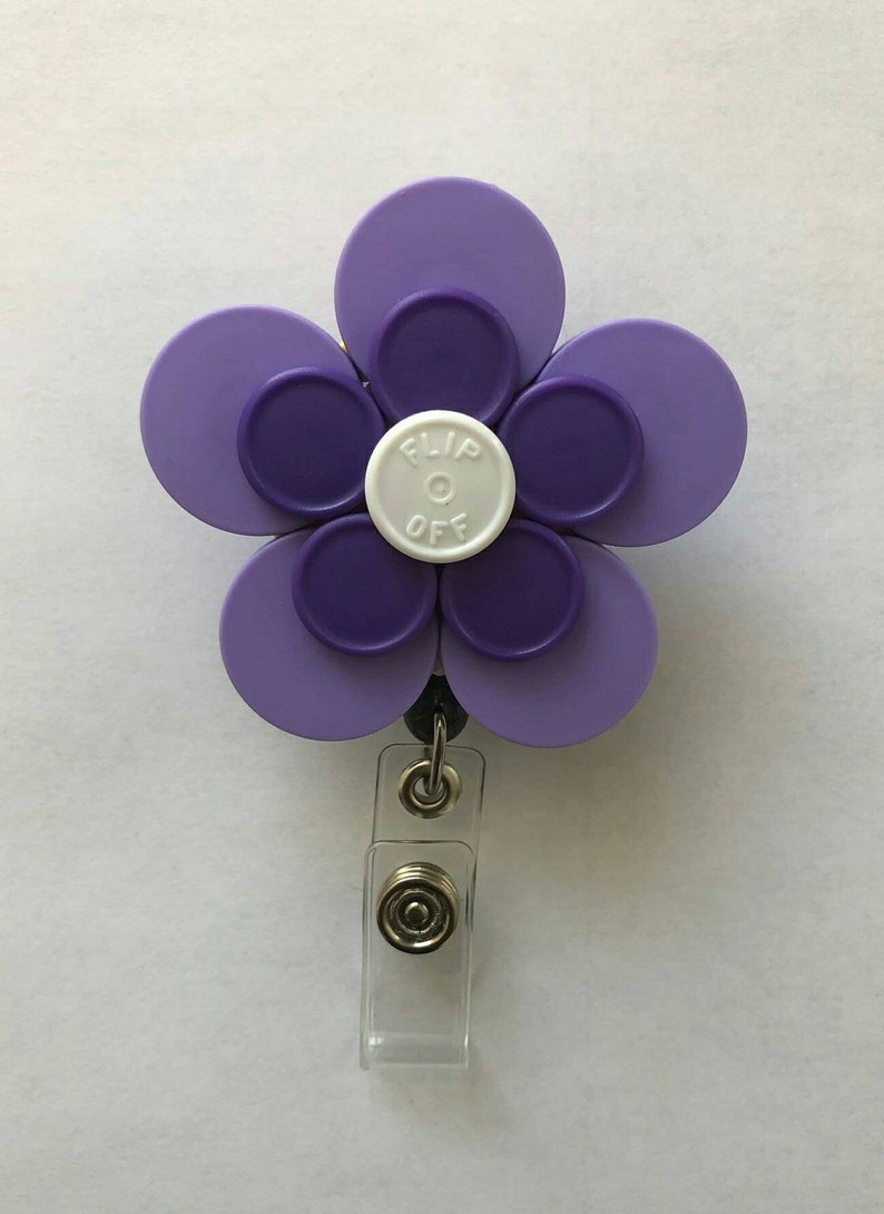 Medication Vial Top Purple Flip Off Flower Retractable Badge Holder