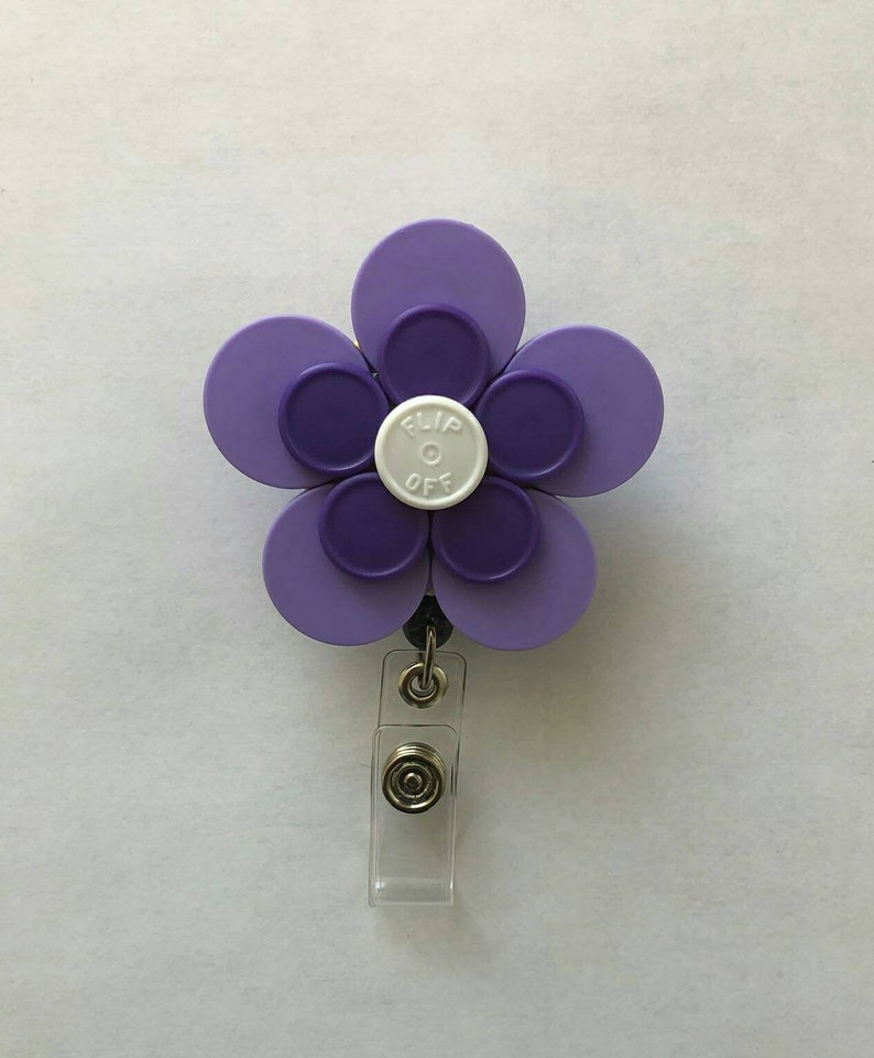 Medication Vial Top Purple Flip Off Flower Retractable Badge Holder
